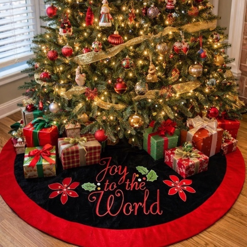 Absolutely Beautiful Red & Black Velvet Joy To The World Tree Skirt 46 Inch